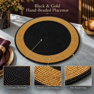 Black <b>Gold</b> Glass Beaded Round <b>Placemat</b> Handmade Heat Resistant Table Mat - Product Image 5