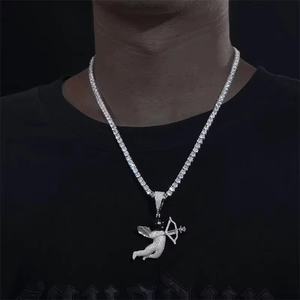 Colgante de Ángel Cupido con Incrustaciones de Piedras Redondas Micro Pavé, Chapado en Oro de 18K, Joyería Hip Hop Unisex, Collar con Colgante - Product Image 2