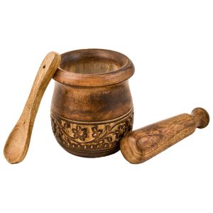 Ensemble mortier et pilon en bois massif pour écraser, broyer, mélanger les épices, les herbes, les graines et préparer des recettes culinaires - Product Image 1