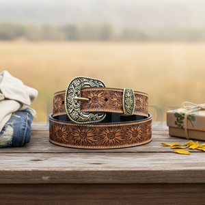 Nouvelle ceinture vintage de style western en cuir pleine fleur sculpté et gaufré, avec motifs floraux tissés et brodés, design unisexe pour jeans - Product Image 3