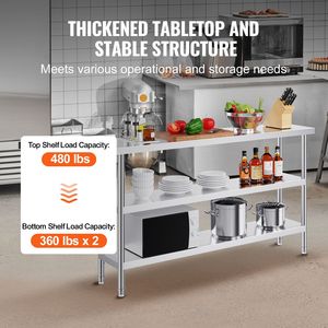 Tavolo da Lavoro per Cucina Commerciale Certificato NSF 14 X 60 X 34 Pollici in Acciaio Inox con 2 Ripiani Inferiori Regolabili per Preparazione Alimenti - Product Image 5