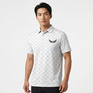 Polo à manches courtes pour homme, imprimé géométrique blanc, tissu tricoté respirant, style décontracté chic, logo sur le devant - Product Image 3