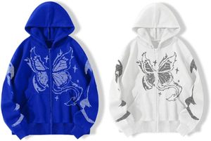 เสื้อฮู้ดซิปแบบสวมใส่ได้ทั้งชายและหญิง สีฟ้า พิมพ์ลายผีเสื้อ ทรงโอเวอร์ไซส์ สไตล์ลำลอง ผลิตจากผ้าโพลีเอสเตอร์ถัก เหมาะสำหรับใส่ในฤดูใบไม้ร่วง - Product Image 3