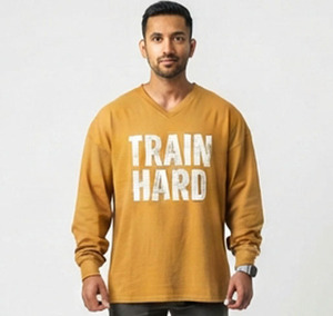 T-shirt à manches longues pour homme, col en V, 280 g/m², coton lourd, imprimé, coupe ample, décontracté, polyester, col en V - Product Image 6