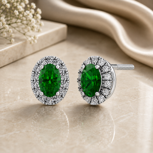 Boucles d'oreilles clous en pierre précieuse ovale verte taille émeraude en or 10K, 14K, 18K et argent 925 ou 935, sertissage clos, bijoux classiques pour femme - Product Image 1