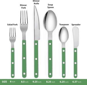 Ensemble de couverts en acier inoxydable 6 pièces, vert sauge, manche riveté, couteau, fourchette, cuillère, spatule - Product Image 3