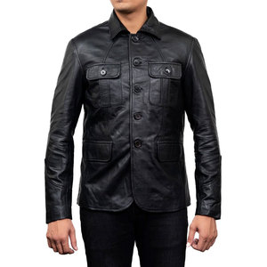 Men's Black Genuine Leather Jacket With Button Closure Turn-down Collar Casual Style Autumn Wear - Product Image 2