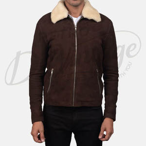 Chaqueta de Cuero de Gamuza Marrón Premium para Hombre con Cuello de Piel Crema, Corte Ajustado, Cálida para Invierno, Estilo Bomber con Cierre, Ropa Exterior Informal - Product Image 5