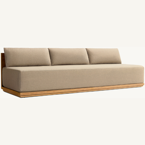 Un sofá para tres personas hecho de madera de teca con espuma suave y duradera, ideal para uso en interiores y exteriores. - Product Image 4