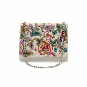 Pochette élégante bohème perlée pour femme, broderie artisanale, design vintage durable, double sangle, étui organisateur de cosmétiques en satin - Product Image 1