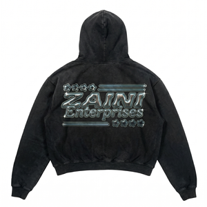 Sweat à capuche pour homme en molleton épais 420 GSM en coton et polyester, noir délavé, broderie chenille, logo personnalisé OEM ODM - Product Image 2