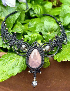 Handmade Rose Quartz Macrame <b>Statement</b> <b>Necklace</b> Black Cord Teardrop Gemstone Boho Healing Crystal Artisan Jewelry - Product Image 1