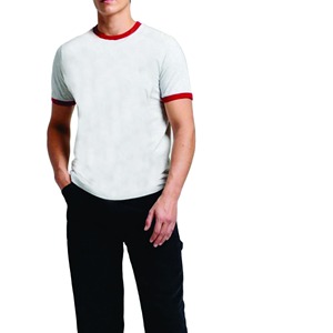 T-shirt à manches courtes gris clair pour homme avec bordure contrastée rouge Coupe classique Casual en coton tricoté Col rond Couleur unie - Product Image 2