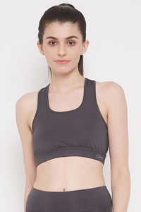Soutien-gorge de sport sans couture pour femme, col ras du cou, dos nageur, maintien moyen, haut de yoga et de sport, gris uni, respirant - Product Image 1