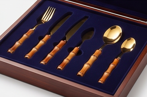 Golden <b>Bamboo</b> Handle Flatware <b>Set</b> Dishwasher Safe Wedding Tableware Metal <b>Cutlery</b> With Mirror Polish Finish - Product Image 6