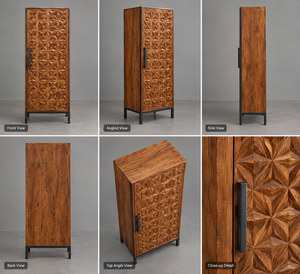 Gabinete Alto de Madera Estilo Mid-Century Moderno Sunwoodd Expo con Puerta Tallada Geométricamente y Patas de Hierro - Product Image 5