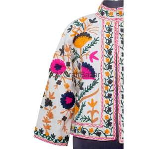 Veste bomber pour femme, vintage, broderie Suzani, motif floral, volants, écologique, respirante, séchage rapide, col en V, 100% coton - Product Image 3