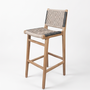Tabouret de bar en teck massif avec assise et dossier en corde tressée, design contemporain moderne pour usage commercial dans les cafés - Product Image 2