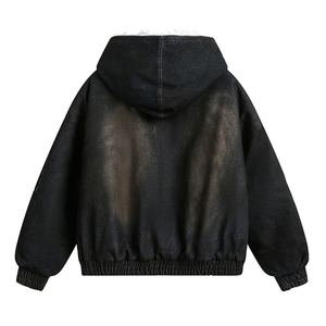 Custom Faux Fur Lined Heavyweight Unisex Acid Wash <b>Denim</b> Jacket Vintage Hooded Bomber Zip <b>Coats</b> Graphic Trendy Streetwear - Product Image 3