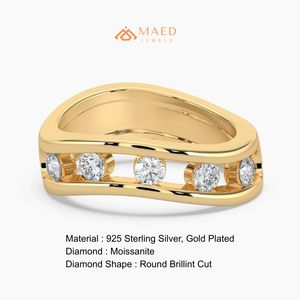 Anillo de Moissanita Redondo con Cinco Piedras, Banda Abierta Dividida, Anillo de Boda de Oro Sólido para Mujer, Joyería Fina, Diseño de Lujo, Premium - Product Image 6