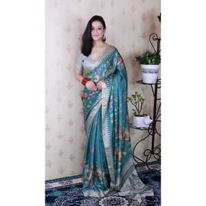 Écharpe en soie tussar douce bleu poussière Elite Weaves, imprimé naturel, tissée Zari, 450g - Product Image 6