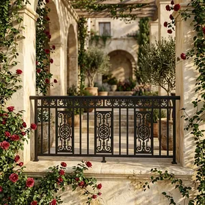 Rampe de balcon moderne en fer forgé noir avec panneaux floraux décoratifs pour terrasse, véranda et clôture de sécurité extérieure - Product Image 5