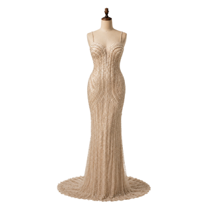 Luxury Modern Champagne Mermaid Evening Gown Women | Beaded Spaghetti Strap Formal Maxi Dress Sweetheart Neck | Elegant Prom - Product Image 1