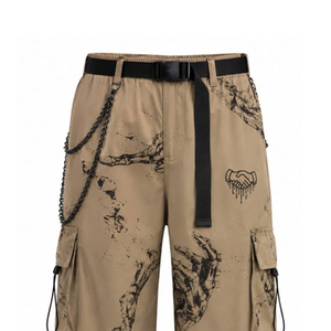 Pantalones Cargo Anchos de Hombre Color Caqui con Estampado de Esqueleto y Cinturón de Cadena, Estilo Gótico Punk Urbano, de la Mejor Calidad - Product Image 4
