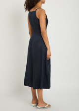 Women's Navy Blue Maxi Dress Mandarin Collar Bell Sleeve Sweet Breathable Linen Regular Fit Button Front All Seasons Casual - Product Image 4