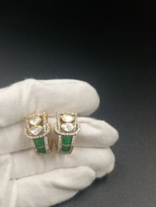 Luxury Gold Plated <b>Silver</b> <b>Huggie</b> Earrings with Green Inlay Geometric Design for Women Party & Gift Jewelry - Product Image 4