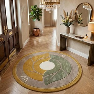 Mustard <b>Round</b> Hand Tufted Area Rug Abstract Botanical Leaf Design Luxury Soft Woolen <b>Carpet</b> for Living Room Bedroom Home Decor - Product Image 3