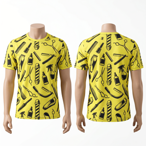 เสื้อเชิ้ตช่างตัดผมชาย 180 GSM ผ้าโพลีเอสเตอร์ตาข่ายพรีเมียม สีเหลือง พิมพ์ลายอุปกรณ์ช่างตัดผมทั้งตัว พร้อมสกรีนโลโก้แบบซับลิเมชั่นตามสั่ง - Product Image 1