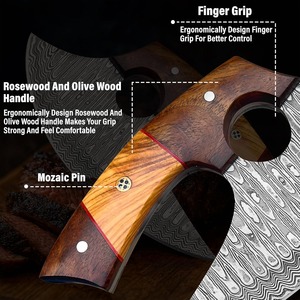 Cuchillo Ulu de Damasco hecho a mano con funda de cuero - Cuchillo de espiga completa - Mango de madera - Picador de verduras y picador de pizza - Product Image 2