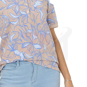 เสื้อโปโลผู้หญิงลายดอกไม้ แขนสั้น สีเบจ สีน้ำเงิน ผ้าถัก พิมพ์ลาย สวมใส่สบาย ระบายอากาศได้ดี โพลีเอสเตอร์ 100% - Product Image 5