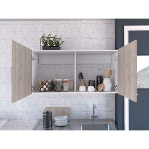 Mobiletto a Muro a 2 Ante e 2 Scomparti in Bianco e Grigio Chiaro, Prodotto per Cucine - Product Image 2
