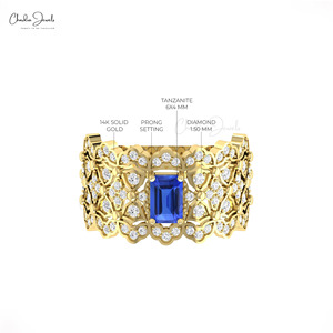 Anillo de cóctel de lujo de oro fino de 14K con tanzanita AAA de 6x4mm, gema octogonal con diamantes engastados en pavé, joyería fina, fabricante OEM ODM - Product Image 5