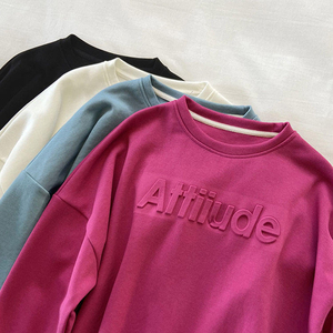 Sweat-shirt à col rond pour femme, lettres en relief sur le devant, coupe courte, décontracté, pour l'automne, en coton et fibre de bambou, tricoté, manches longues - Product Image 2