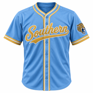 Camiseta de Béisbol de la Universidad Southern Jaguars, Personalizada HBCU, Azul y Dorado, Bordada, con Botones, Estilo Universitario, Venta al Por Mayor - Product Image 1