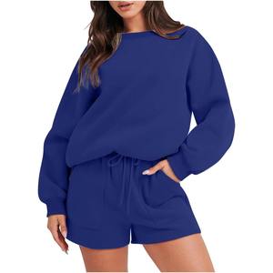 Conjunto de Sudadera de Felpa 100% Algodón de 2 Piezas para Mujer, Cuello Redondo, Estampado de Letras en Relieve, Pantalones Cortos Casuales de Secado Rápido, OEM - Product Image 1