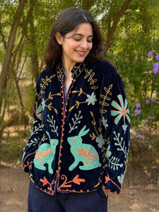 <b>Women's</b> <b>Navy</b> Blue Hand Embroidered Floral Bird Design Knitted Quilted <b>Jacket</b> 100% Cotton Ethnic Boho Fashion Outerwear - Product Image 3