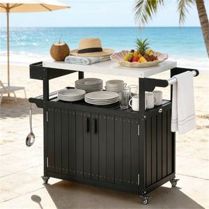Black Outdoor Bar Cart with Storage Cabinet <b>Shelf</b> <b>for</b> <b>Kitchen</b> Islands & Carts - Product Image 4