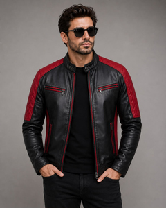 Blouson de motard en cuir véritable pour homme, fermeture éclair sur le devant, col rabattable, manches longues, séchage rapide, respirant, écologique, décontracté, pour moto - Product Image 1