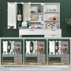 White Dressing <b>Table</b> Set with 6 Pumps 2 Shelves <b>Mirror</b> Cabinet Triamine Veneer 3 Tone Light Bulbs Makeup Vanities Model 19426681 - Product Image 3
