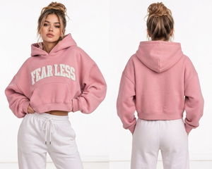 เสื้อฮู้ดครอปพิมพ์ลาย Fearless ทรงโอเวอร์ไซส์ ผ้าฟลีซสีชมพู ใส่ได้ทั้งชายหญิง สำหรับฤดูใบไม้ร่วง มีกระเป๋าด้านหน้า - Product Image 4