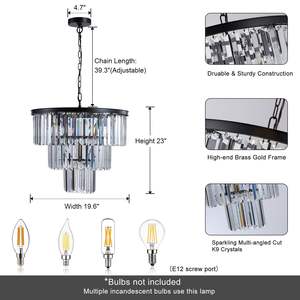 Elegant 20\" Luxury 3-Tier Crystal <b>Chandelier</b> 7-<b>Light</b> Black Frame Pendant <b>Light</b> for Living Room Dining Room Ceiling Lighting No - Product Image 6