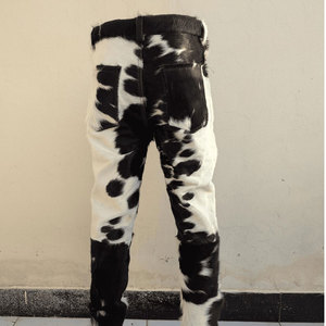 Cow Hair Leather <b>Pant</b> <b>Men</b> Western Cowhide Fur Trousers Black And <b>White</b> Spotted Real Hair On Hide Slim Fit - Product Image 2