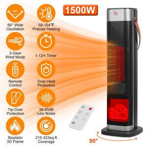 Stufa Elettrica Portatile a Torre in Ceramica da 1500W con Oscillazione, 3 Modalità di Ventilazione, Riscaldamento fino a 104°F, Telecomando e Fiamma 3D - Product Image 3