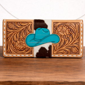 กระเป๋าหนังแท้ทำมือ ตกแต่งลายหนังวัวแบบมีขน พร้อมหมวกคาวบอยสีเทอร์ควอยซ์ สไตล์ตะวันตก กระเป๋าสตางค์ผู้หญิงแบบซิป - Product Image 4