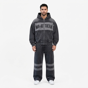 Ensemble de survêtement deux pièces pour homme, sweat à capuche zippé et pantalon de jogging large, couleur noire délavée, style color block - Product Image 1