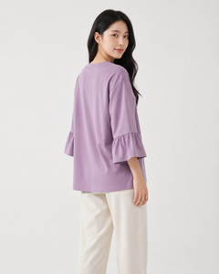 เสื้อผู้หญิงสีม่วงปักลายดอกไม้ แขนสามส่วน คอวี ทรงหลวม สไตล์ลำลอง มุสลิมะฮ์ ไซส์ใหญ่ สำหรับฤดูร้อน คุณภาพสูง ขายส่ง - Product Image 1